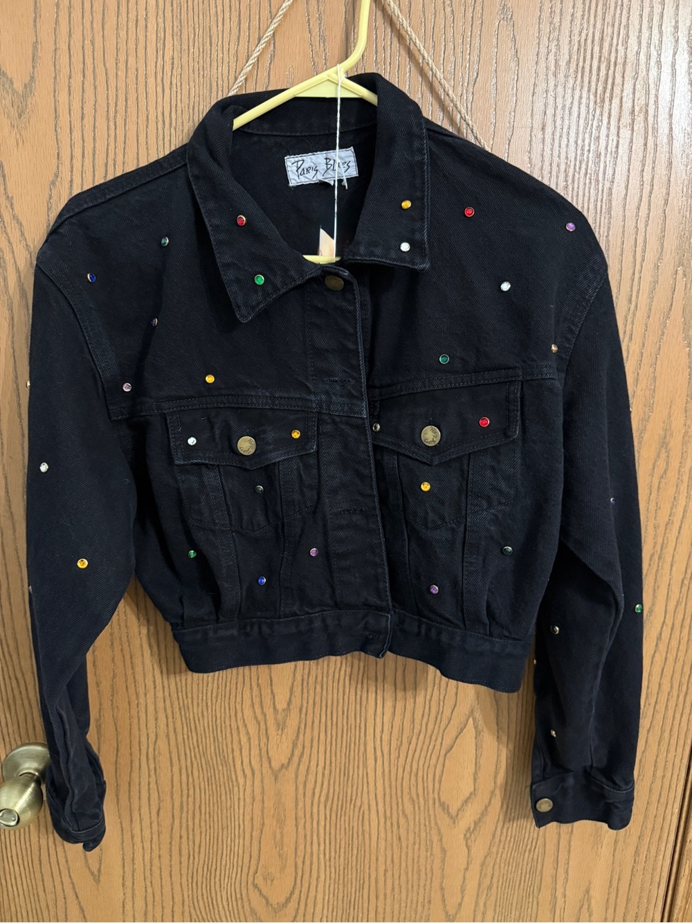 Paris Blues Vintage cropped denim jacket with multi colored rhinestone studs